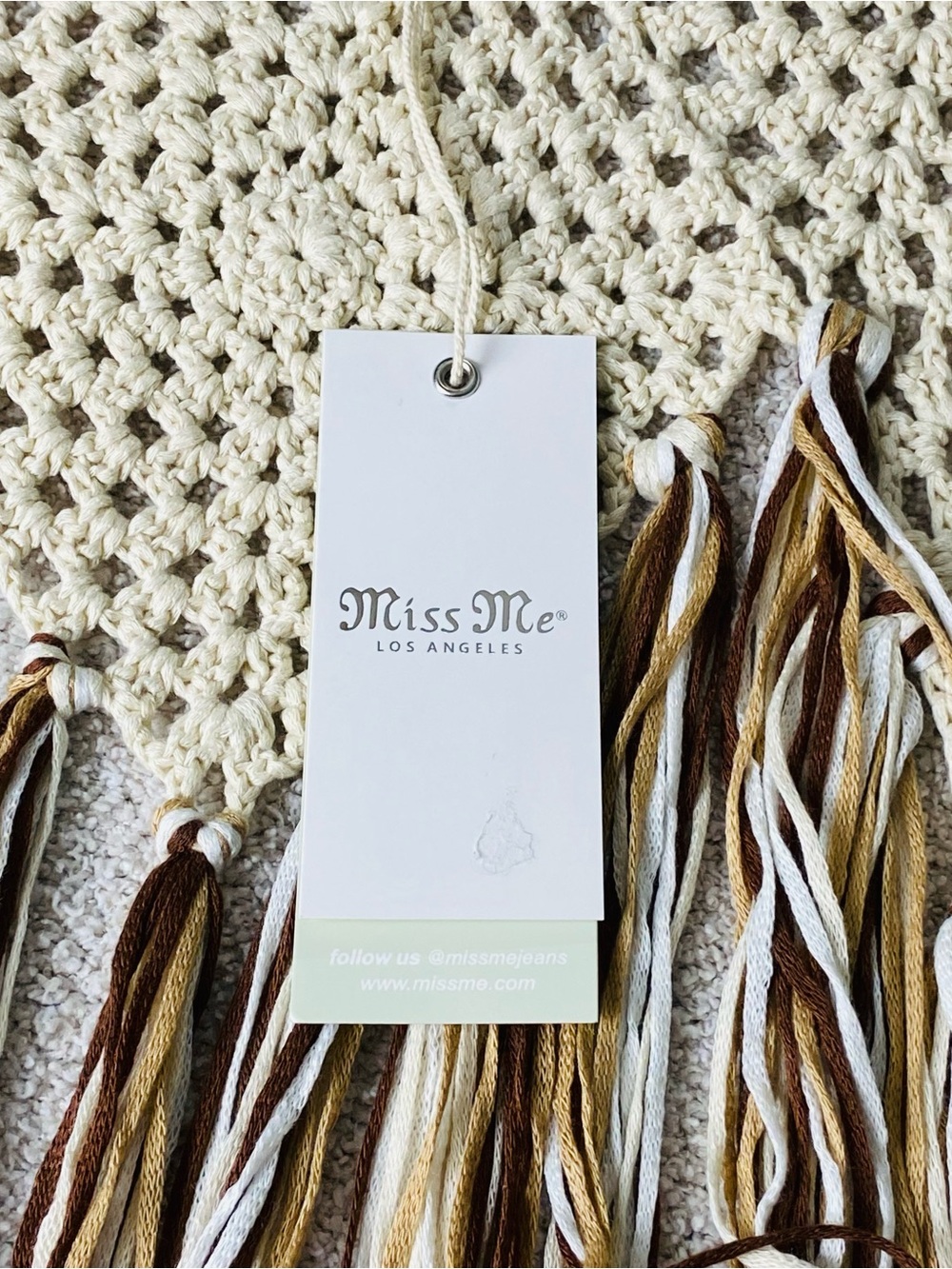 Miss Me Crochet Fringe Tank Top L Boho Festival Cream Brown Tassel Top NWT - Picture 12 of 15
